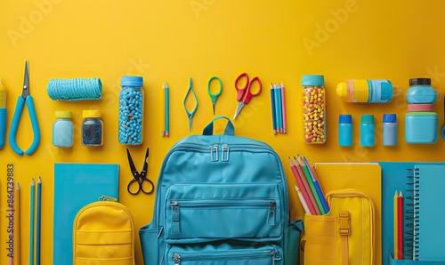 open backpack filled with colorful school supplies such as pencils markers scissors and notebooks in donation box on a pastel yellow background donation.illustration