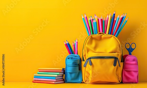 open backpack filled with colorful school supplies such as pencils markers scissors and notebooks in donation box on a pastel yellow background donation.image