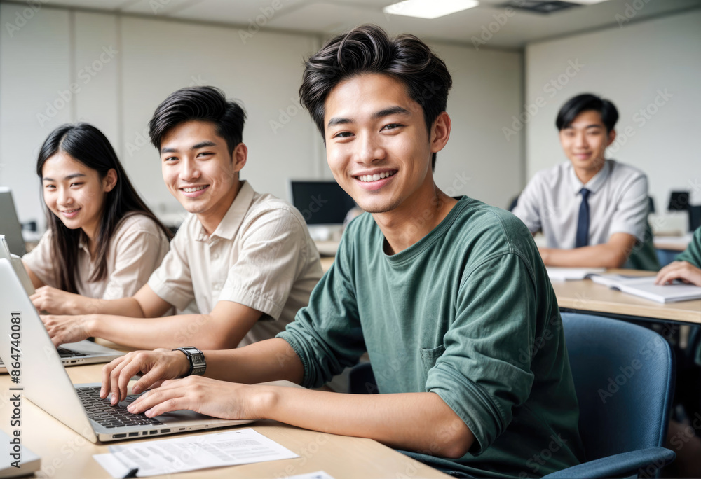 Young Professionals Working and Smiling at Desks Young Professionals Working and Smiling at Desks