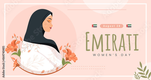 Emirates Women's Day Design with Female with Hijab Vector Illustration. Emirati Womens Day Template Suitable for Poster Banner Flyer Background. UAE Women's Day August.