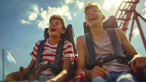 Fototapeta Naklejka Na Ścianę i Meble -  Two boys are laughing and enjoying a roller coaster ride. The scene is cheerful and cheerful. The guys are having fun at the amusement park