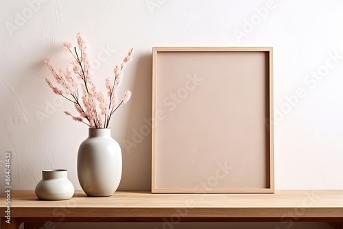 Blank Poster Frame Mockup on Table with White Vase and Pink Flowers. Modern Interior Design Decor Against White Wall Background