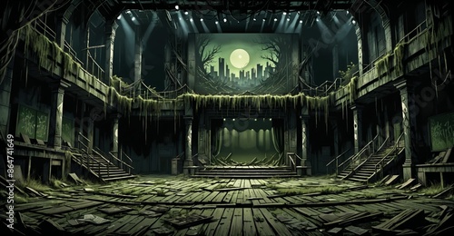 abandoned overgrown theatre building interior with stage at night. post apocalyptic auditorium city ruins. derelict town. photo