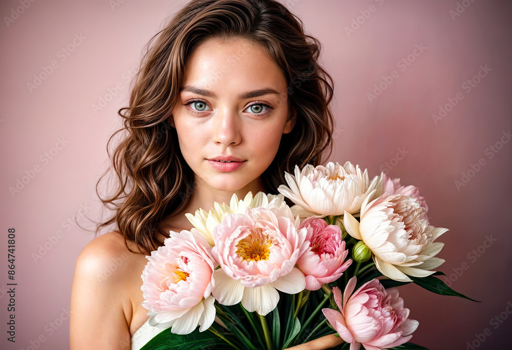 Young Woman Holding Flowers Against Pink Background Young Woman Holding Flowers Against Pink Background