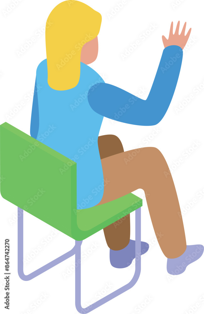 Businesswoman is raising her hand while sitting on a chair, as if asking a question or giving an answer Businesswoman is raising her hand while sitting on a chair, as if asking a question or giving an answer
