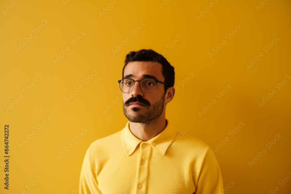 Fototapeta premium handsome bearded man in eyeglasses looking at camera isolated on yellow
