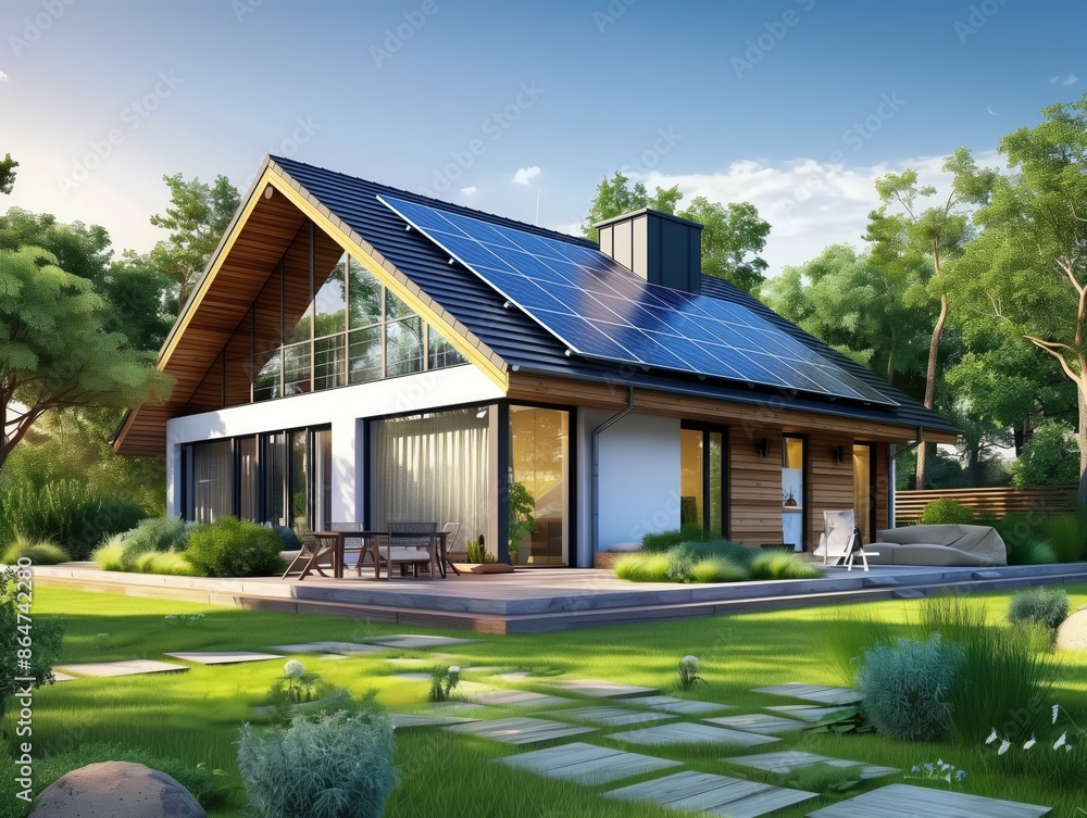 Modern Suburban Home with Solar Panels on Roof. Eco-Friendly Passive House with Landscaped Yard on Sunny Day Modern Suburban Home with Solar Panels on Roof. Eco-Friendly Passive House with Landscaped Yard on Sunny Day