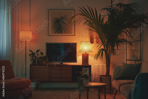 Cozy Nighttime Apartment Living Room with Art Deco Style