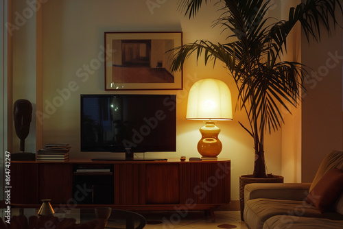 Cozy Nighttime Apartment Living Room with Art Deco Style photo