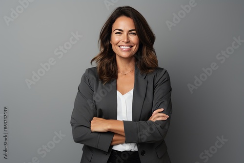 Portrait of a happy business woman with arms crossed over grey background