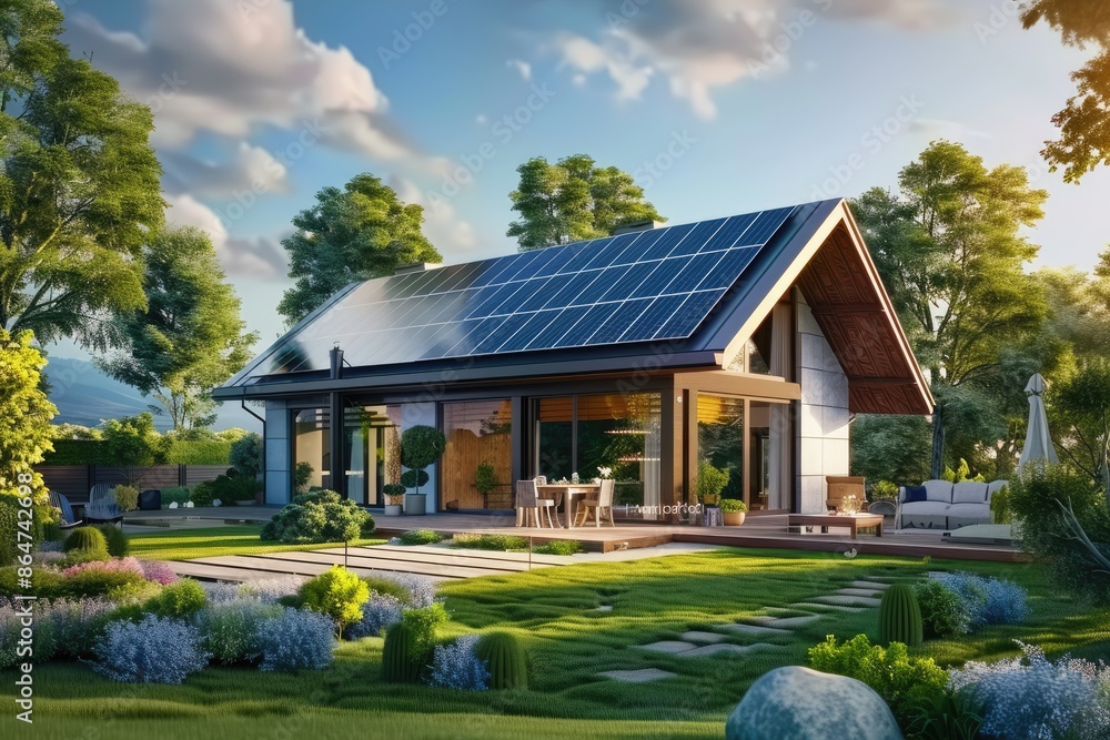 Modern Suburban Home with Solar Panels on Roof. Eco-Friendly Passive House with Landscaped Yard on Sunny Day Modern Suburban Home with Solar Panels on Roof. Eco-Friendly Passive House with Landscaped Yard on Sunny Day