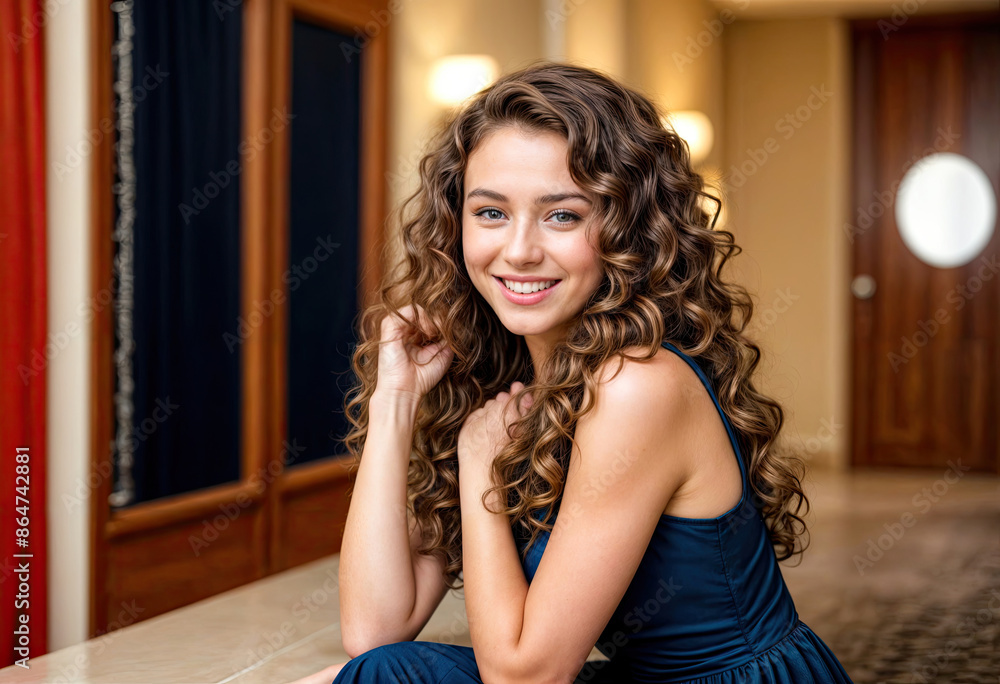 Woman with Wavy Brown Hair Holding Makeup Brush in Bathroom Woman with Wavy Brown Hair Holding Makeup Brush in Bathroom