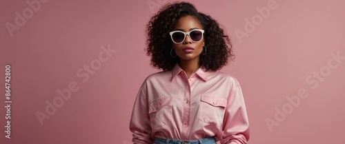 Fashion, beauty and mockup with a black woman in glasses on a pink background in studio for advertising and marketing Style, edgy and trendy with an attractive female posing with cool sunglasses. photo