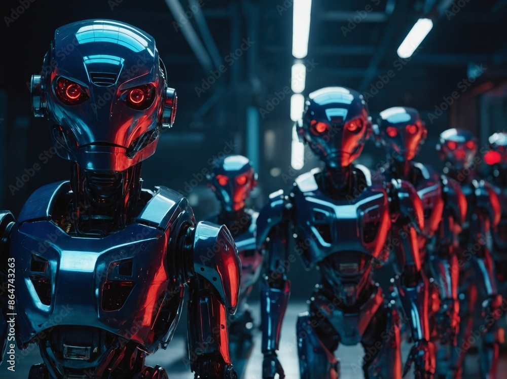 Holographic futuristic robots - blue, red, black - advanced Industrial technology. Holographic futuristic robots - blue, red, black - advanced Industrial technology.