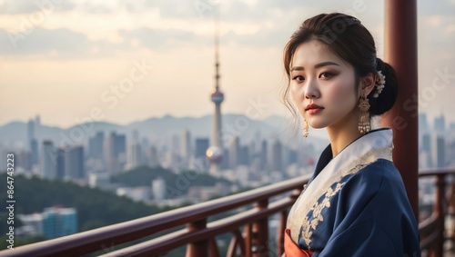 Korean girl in hanbok traditional dress stand at seoul N tower view point. photo