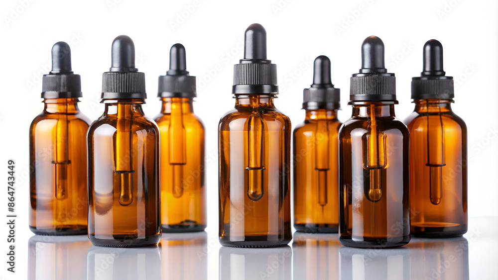 Amber Glass Dropper Bottles With Liquid Against a White Background Amber Glass Dropper Bottles With Liquid Against a White Background