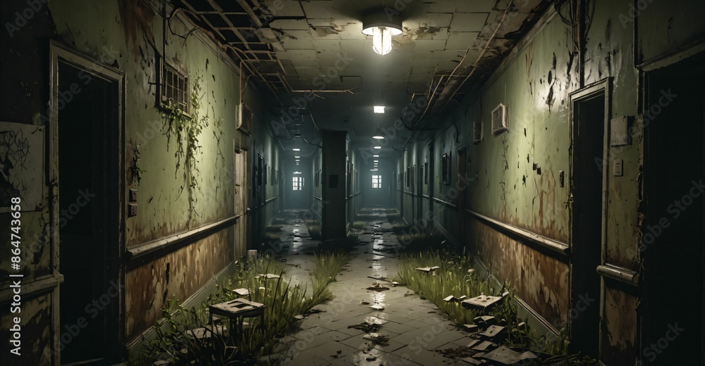 abandoned building hallway hall in mental asylum hospital apartment hotel long corridor ruins. post apocalyptic horror interior ambience. overgrown derelict. abandoned building hallway hall in mental asylum hospital apartment hotel long corridor ruins. post apocalyptic horror interior ambience. overgrown derelict.