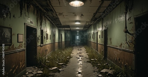 abandoned building hallway hall in mental asylum hospital apartment hotel long corridor ruins. post apocalyptic horror interior ambience. overgrown derelict.