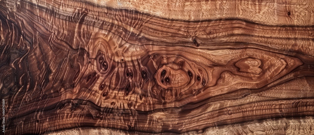 Naklejka premium Panoramic close-up, high detail scan of walnut wood material, Generative AI