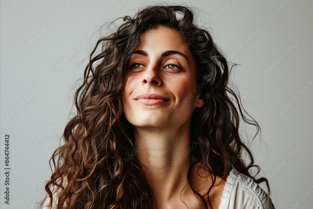 Portrait of a beautiful young woman with long curly hair looking away Portrait of a beautiful young woman with long curly hair looking away