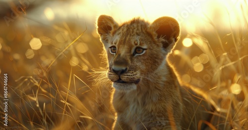 Young Lion Cub Gazing at Sunset in Golden Light