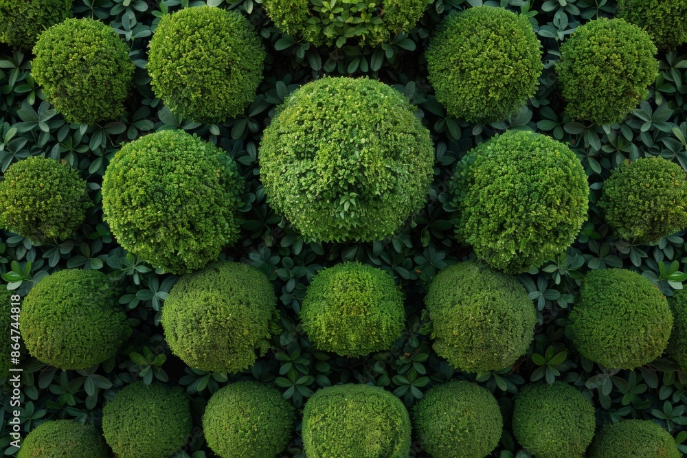 Symmetrical Aerial View of Lush Green Topiary Balls in Bright Daylight Accentuating Textured Patterns Symmetrical Aerial View of Lush Green Topiary Balls in Bright Daylight Accentuating Textured Patterns