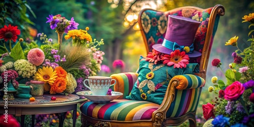 Whimsical armchair setting with vibrant mad hatter attire, teacup, and saucer, surrounded by fantastical flowers and accessories, evoking a fantastical fashion and cosplay atmosphere.