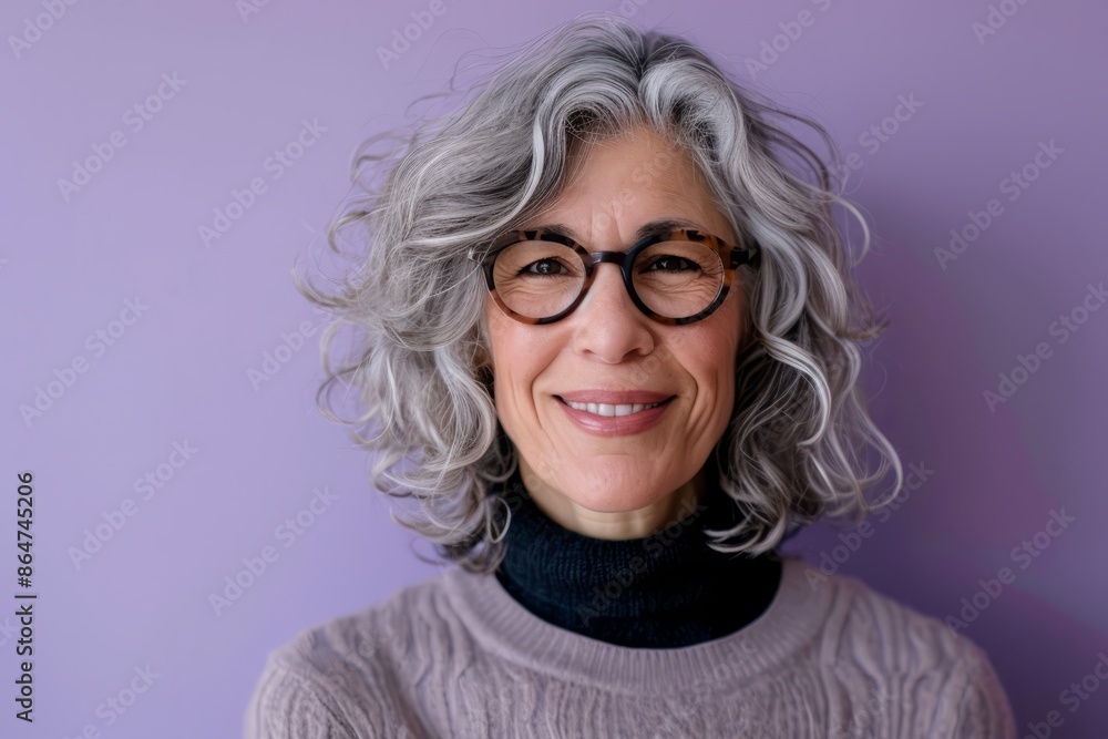 Portrait of a middle-aged woman with grey hair and glasses on a purple background Portrait of a middle-aged woman with grey hair and glasses on a purple background