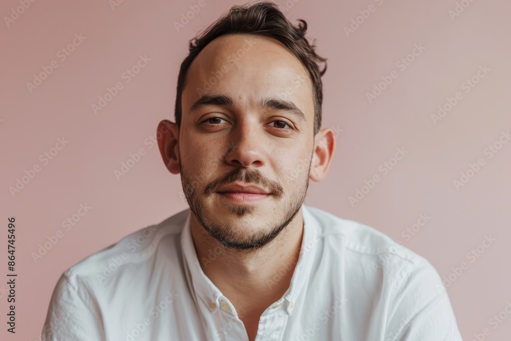 Fototapeta premium Portrait of a handsome young man in a white shirt on a pink background