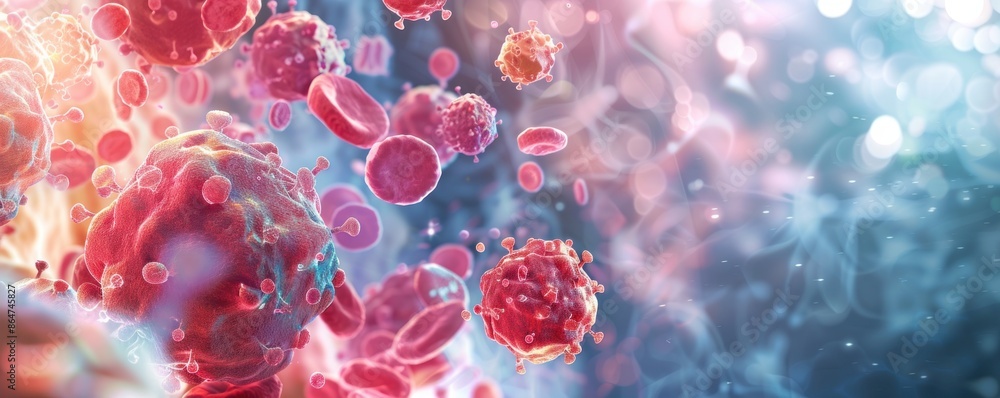 Microscopic view of cancer cells surrounded by red blood cells. 3D rendering of cancer cell growth and proliferation. Medical illustration of malignant tumor. Microscopic view of cancer cells surrounded by red blood cells. 3D rendering of cancer cell growth and proliferation. Medical illustration of malignant tumor.