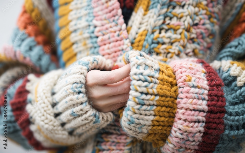Female Hand Displaying Vibrant Multicolored Sweater Female Hand Displaying Vibrant Multicolored Sweater