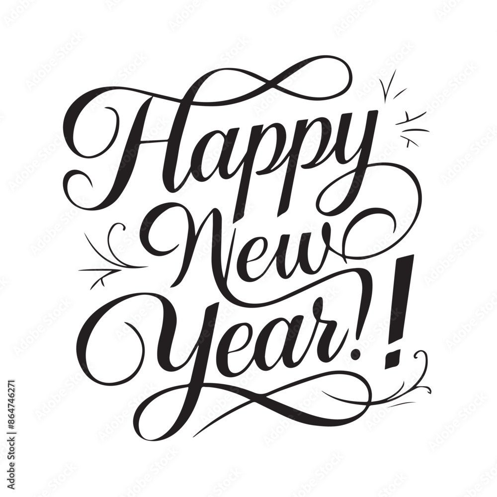 Fototapeta premium Elegant Script Happy New Year Typography with Flourishes on White Background
