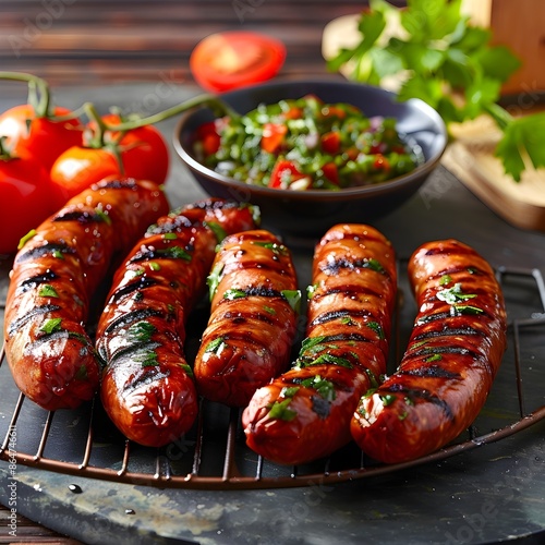 Delicious Grilled Argentinian Chorizo Sausages,  barbecue with chimichurri salsa and parsley
