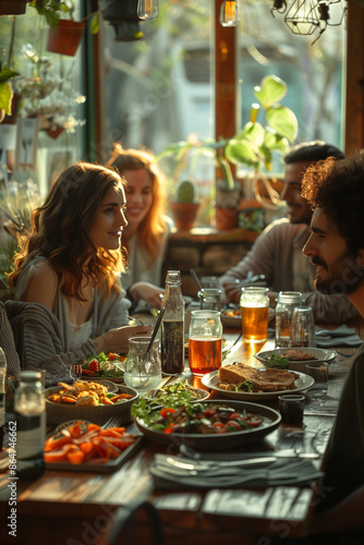 A group of friends having dinner in the restaurant