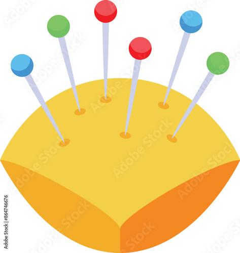 Colorful sewing pins are sticking out of a round yellow pincushion on a white background