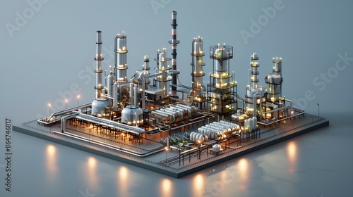 Isometric Illustration of an Illuminated Oil Refinery at Night