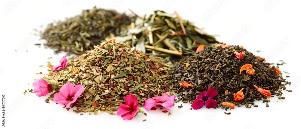 Fototapeta premium Assorted granulated green tea with herbs and flowers, intricate textures, natural and vibrant, detailed composition