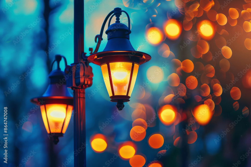 Electric pole lights with radiant glow, closeup, bokeh background Electric pole lights with radiant glow, closeup, bokeh background