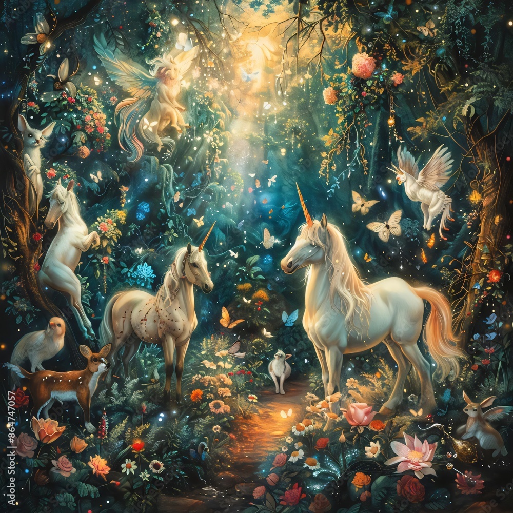 A magical forest scene with unicorns, fairies, and woodland creatures illuminated by ethereal light through the trees. A magical forest scene with unicorns, fairies, and woodland creatures illuminated by ethereal light through the trees.