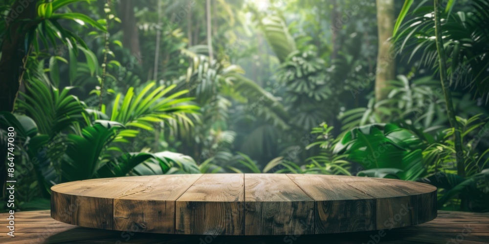 A round wooden table set in a jungle setting, surrounded by lush green foliage and trees. The peaceful and serene scene is enhanced by sunlight gently filtering through the leaves A round wooden table set in a jungle setting, surrounded by lush green foliage and trees. The peaceful and serene scene is enhanced by sunlight gently filtering through the leaves