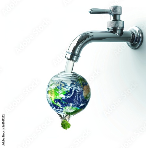 Green Earth Water Droplet Flowing from Modern Faucet on White Background