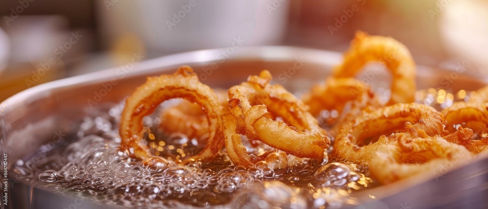 Boiling oil in fryer with onion rings, detailed frying process, crispy and golden, hot snacks, culinary delight, kitchen setting