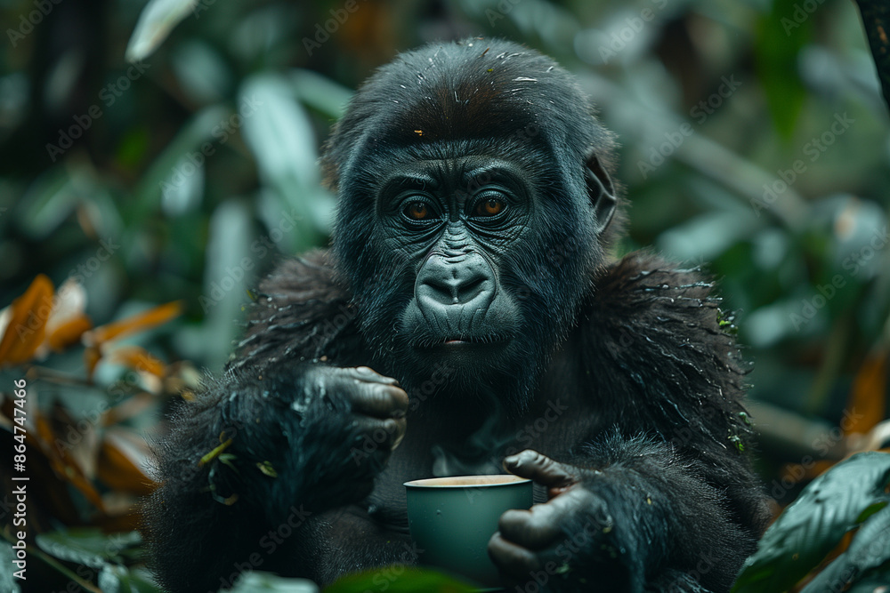portrait of a Gorilla drinking water from a cup in a zoo portrait of a Gorilla drinking water from a cup in a zoo