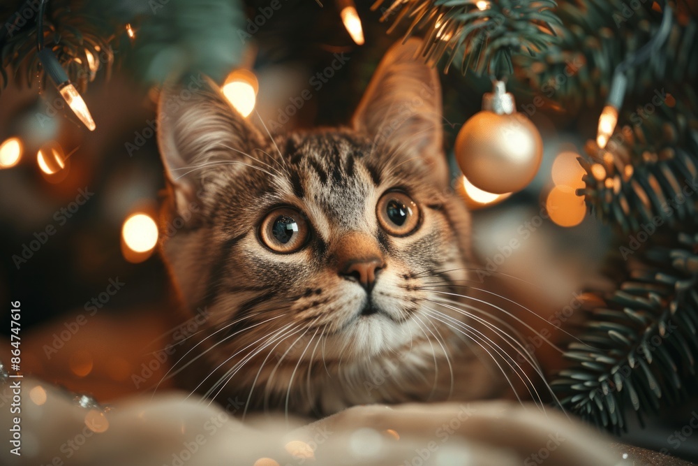 A close-up of a cat sitting under a Christmas tree, with festive lights and ornaments creating a joyful scene. Ideal for themes of holidays, AI Generative A close-up of a cat sitting under a Christmas tree, with festive lights and ornaments creating a joyful scene. Ideal for themes of holidays, AI Generative