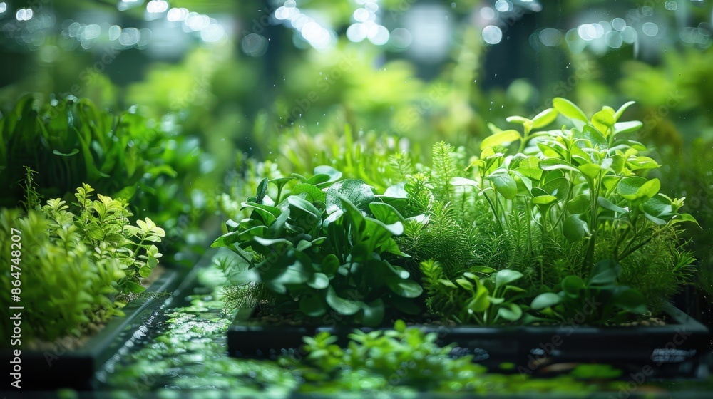 Aquaponic plant systems with lush greenery, set against a clean, minimal background, illustrating the integration of fish and plant life. Aquaponic plant systems with lush greenery, set against a clean, minimal background, illustrating the integration of fish and plant life.