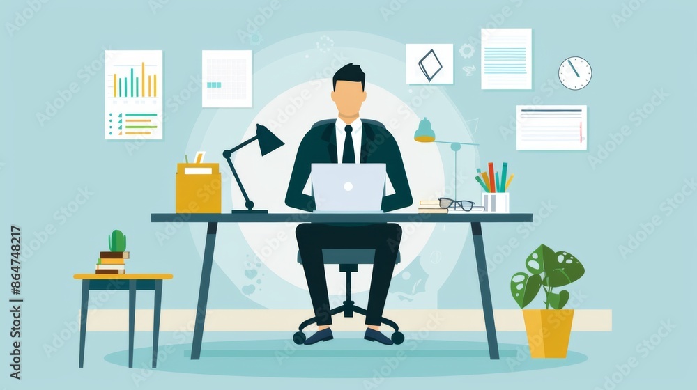 A businessman focused on his desktop computer, engaged in work with a determined expression A businessman focused on his desktop computer, engaged in work with a determined expression