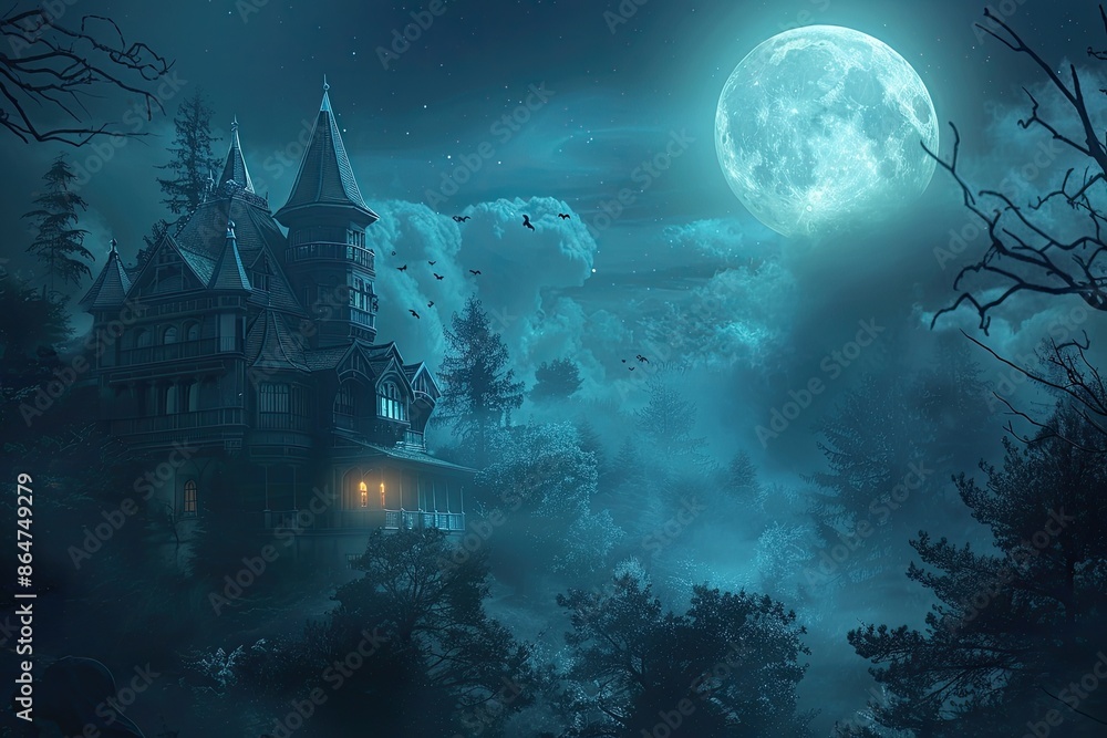 A Haunted Mansion in a Foggy Forest Under a Full Moon A Haunted Mansion in a Foggy Forest Under a Full Moon