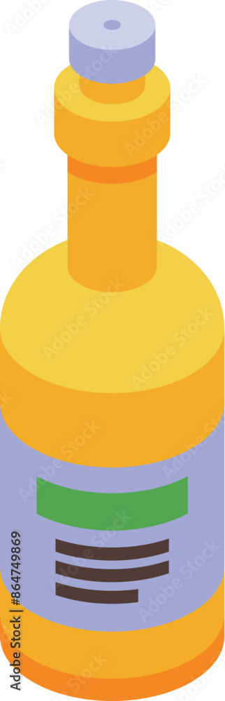 Yellow glass bottle with olive oil is standing on white background, top view
