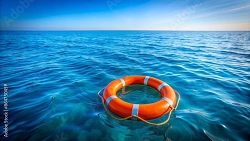 Orange life buoy floating alone on calm turquoise ocean water, surrounded by endless blue horizon, symbolizing hope and rescue. photo