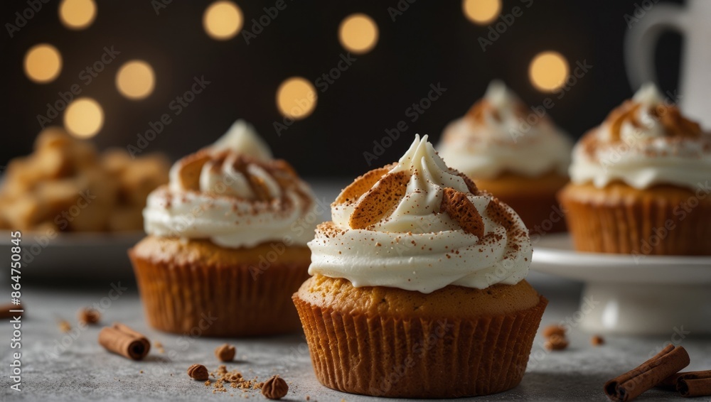 Pumpkin cupcakes on a white table topped with cream cheese frosting and dusted with cinnamon. Pumpkin cupcakes on a white table topped with cream cheese frosting and dusted with cinnamon.